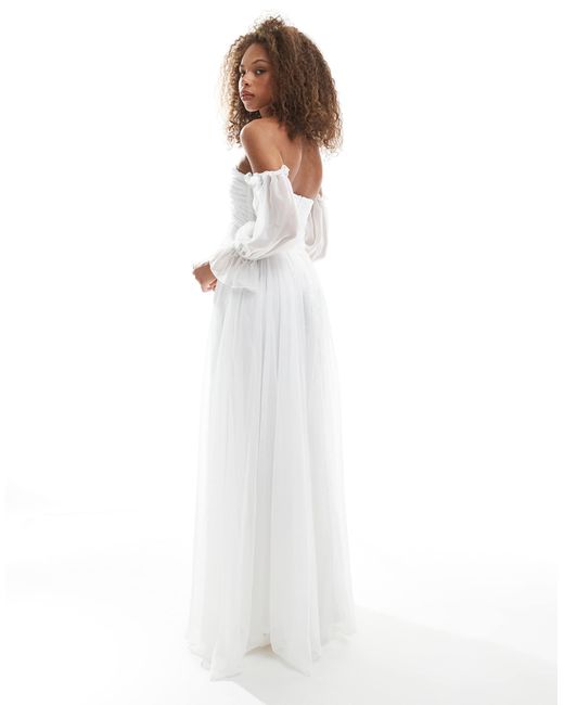 TFNC London White Bandeau Maxi Dress With Sheer Sleeves