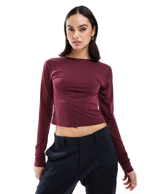 Stradivarius Red Slash Neck Open Back Long Sleeve Top