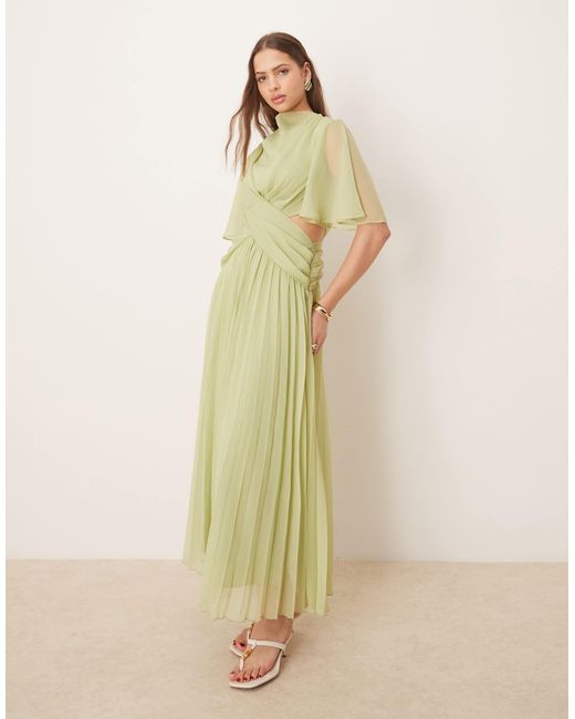 ASOS Green Cowl Wrap Front Pleated Midi Dress With Cut Out