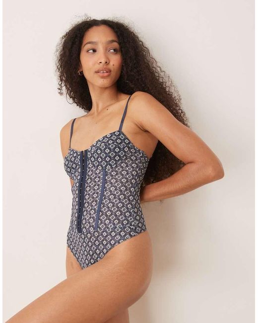 Free People Blue Printed Rhythym Bodysuit