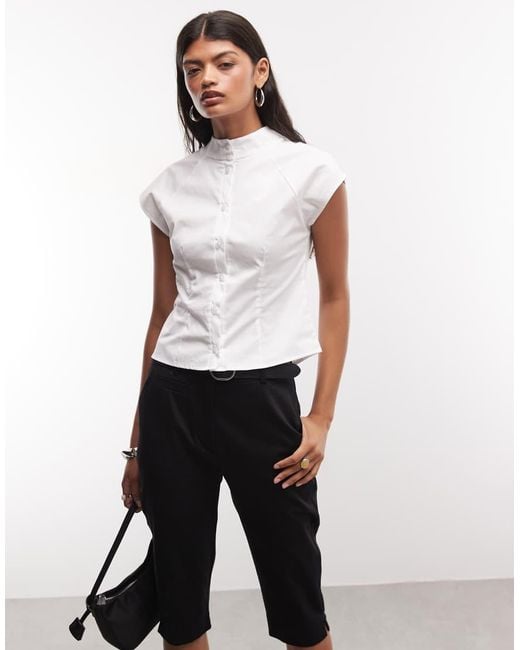 Reclaimed Vintage White Funnel Neck Fitted Poplin Shirt