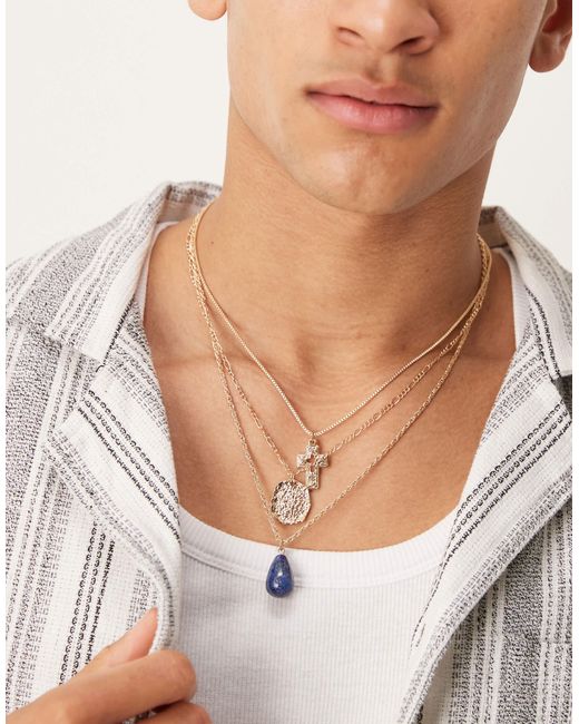 ASOS Metallic Festival Semi-precious 3 Pack Pendant Necklace for men