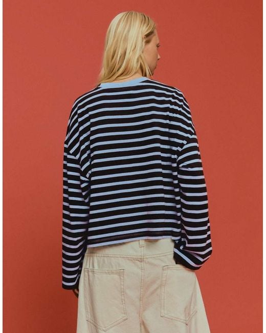 Bershka Blue Striped Boxy Long Sleeve T-Shirt