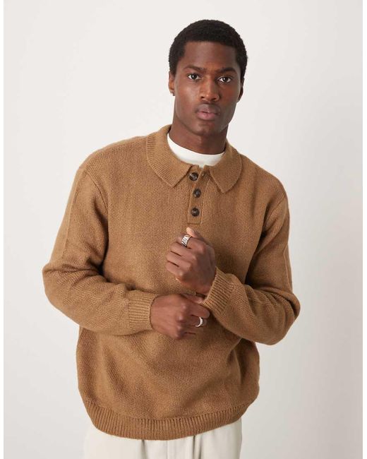 ASOS Brown Oversized Brushed Knitted Polo for men