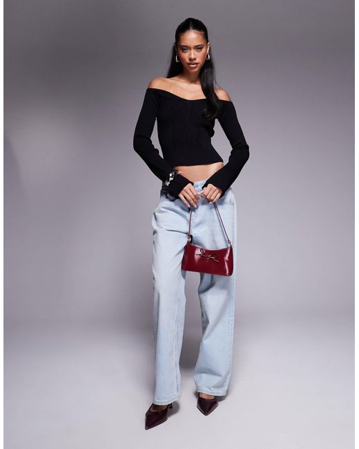 ASOS Gray Structured Bardot Long Sleeve Top With Rib Shaping Detail