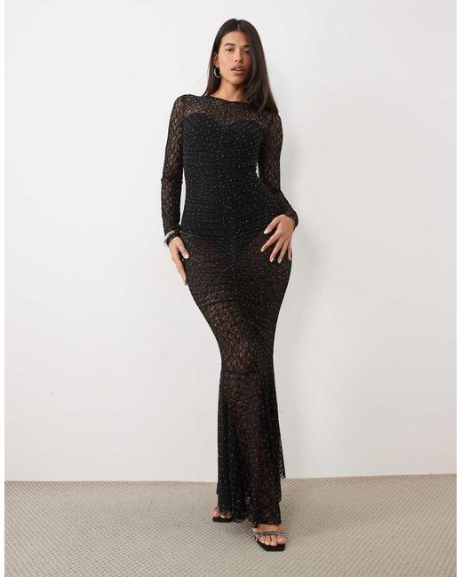 Ruched & Ready Black Lace Hotfix Ruched Front Fishtail Hem Maxi Dress