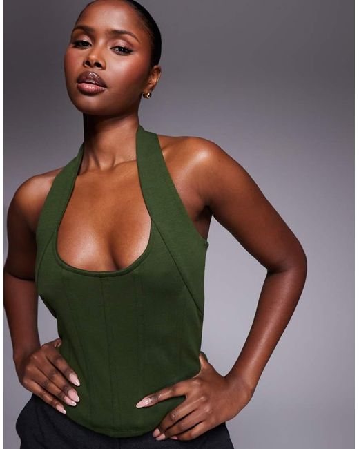 ASOS Green Interlock Halter Neck Corset Top With Boning