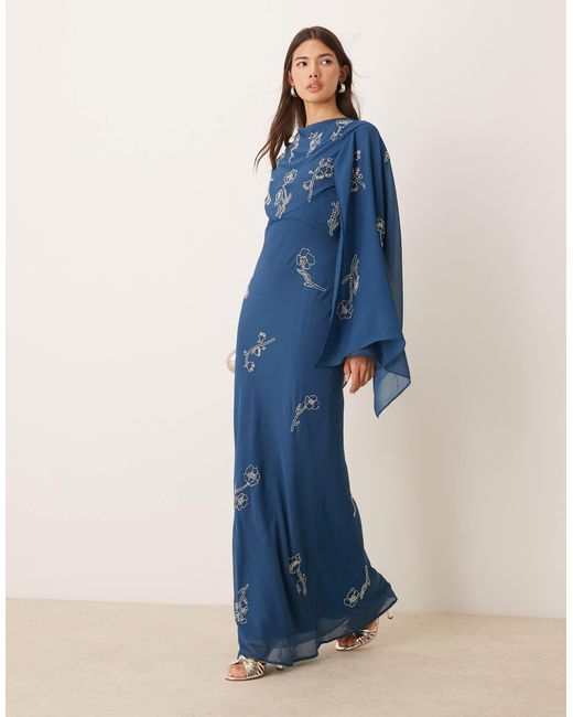 Athens | Powder Blue Asymmetric-Neck Maxi Dress With Cape Sleeve Detail
