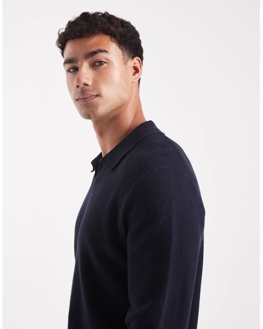 Jack & Jones Blue Premium Knitted Long Sleeve Polo for men