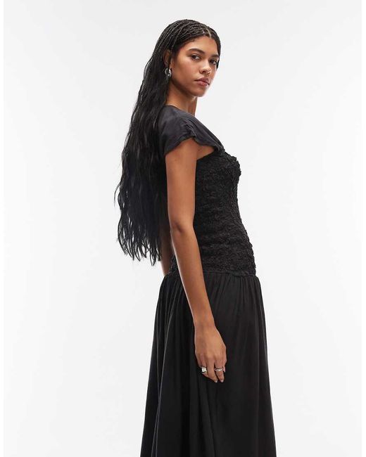 ASOS White Crew Neck Midi Dress With Popcorn Shirred Bodice