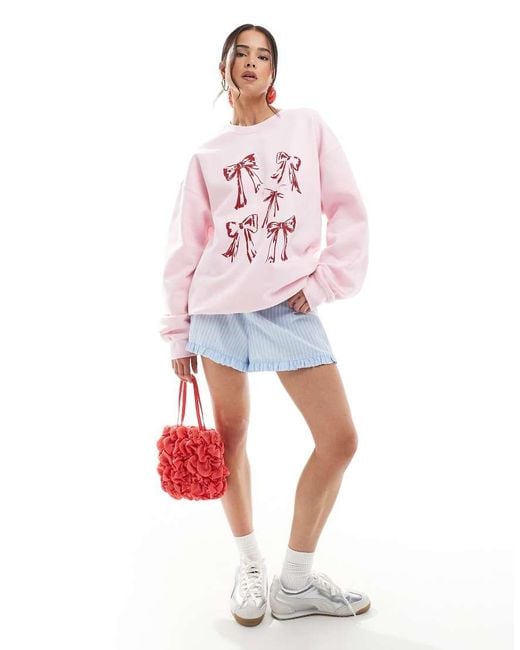 Miss Selfridge Red Bow Print Oversized Sweatshirt