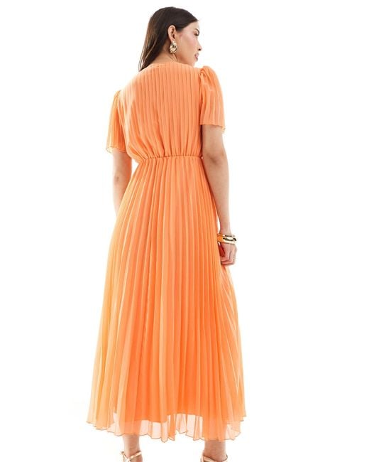 ASOS White Pleated Bodice Flutter Sleeve Pleat Midi Dress