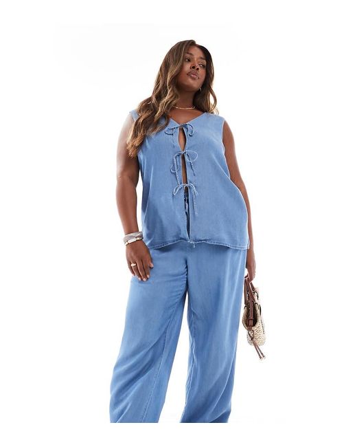 Pantalones Azul Cambray Fluidos De Pernera Ancha De (Parte De Un Conjunto) Vero Moda de color Blue
