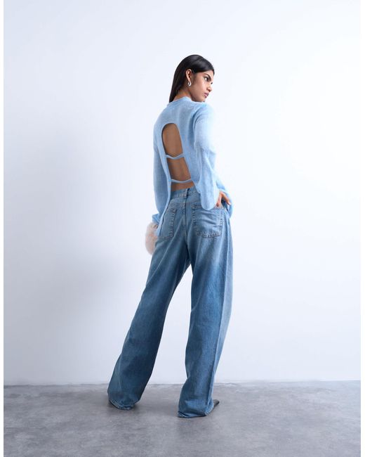 TOPSHOP Blue Knitted Back Cut Out Top