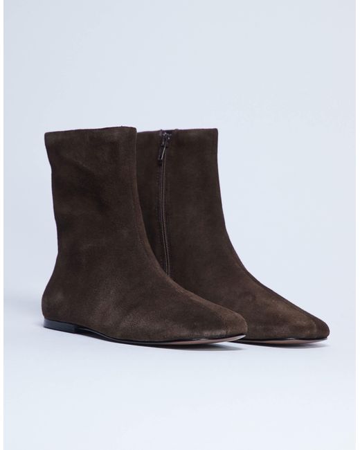 TOPSHOP Brown Peri Real Suede Flat Square Toe Boot