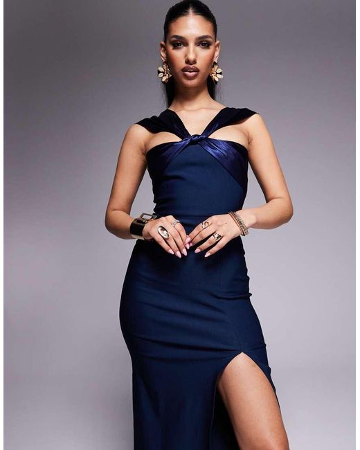 Vesper Blue Halter Neck Maxi Dress With Satin Straps And Thigh Split