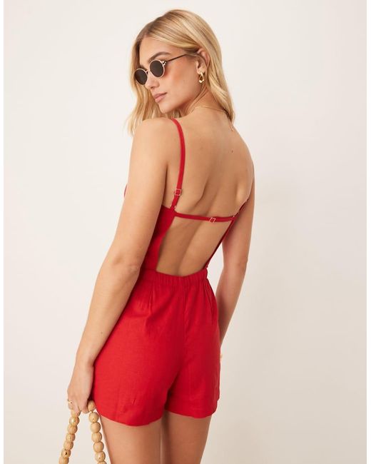 Abercrombie & Fitch Red Jumpsuit Apron Neck Linen Romper