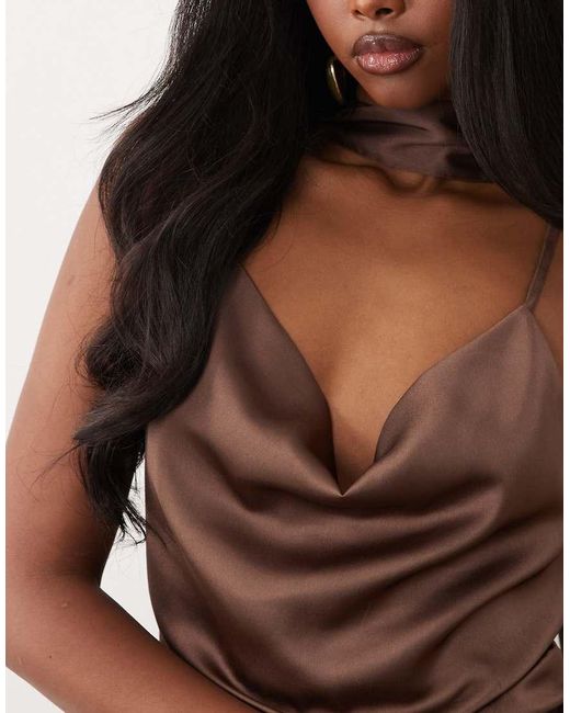 Jdy Brown Cowl Neck Satin Maxi Dress With Open Back And Scarf