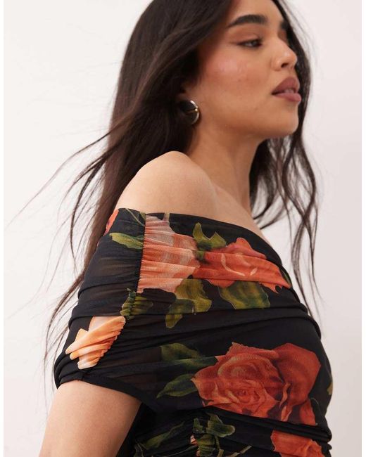 ASOS Black Draped Shoulder Mesh Mini Dress With Ruching