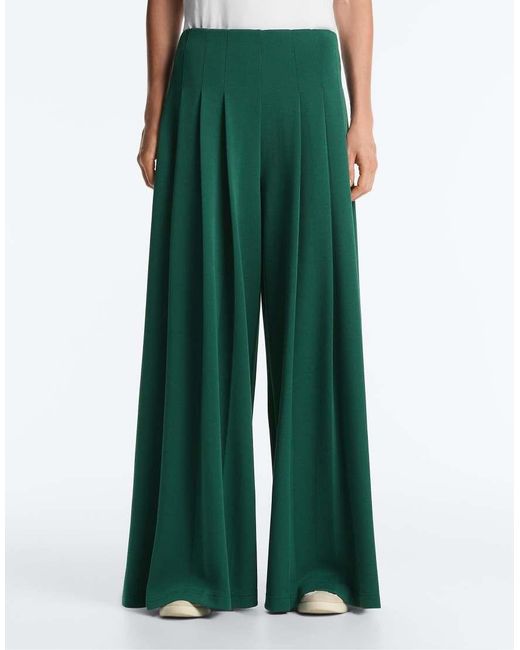 Oysho Green Cotton Wide-leg Pique Pleated Trousers