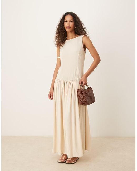 ASOS Linen Blend Low Back Drop Waist Maxi Dress in Natural | Lyst UK