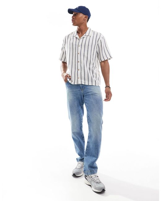 Threadbare Blue Linen Blend Short Sleeve Revere Collar Shirt for men