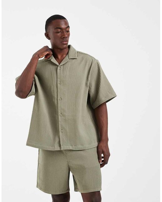 ASOS Green Co-Ord Oversized Revere Plisse Shirt for men
