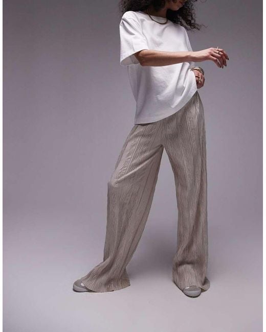 TOPSHOP Gray Crinkle Plisse Wide Leg Trouser