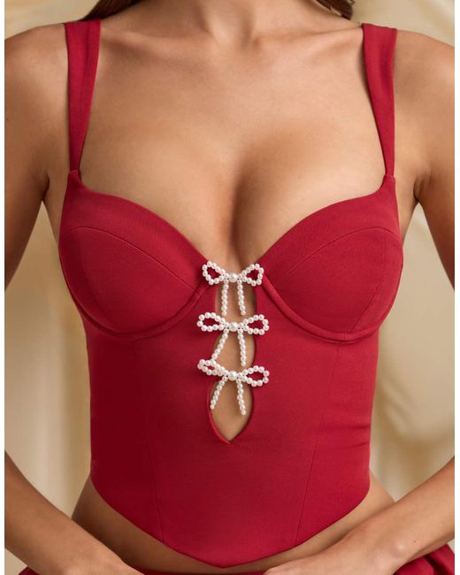 Oh Polly Red Pearla Satin Pearl Bow Detail Corset Top Co-ord