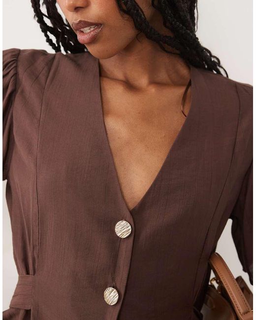 Threadbare Brown V-neck Blouse With Contrast Buttons