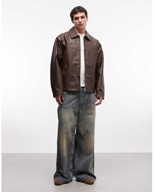 ASOS Brown Faux Leather Harrington Jacket for men
