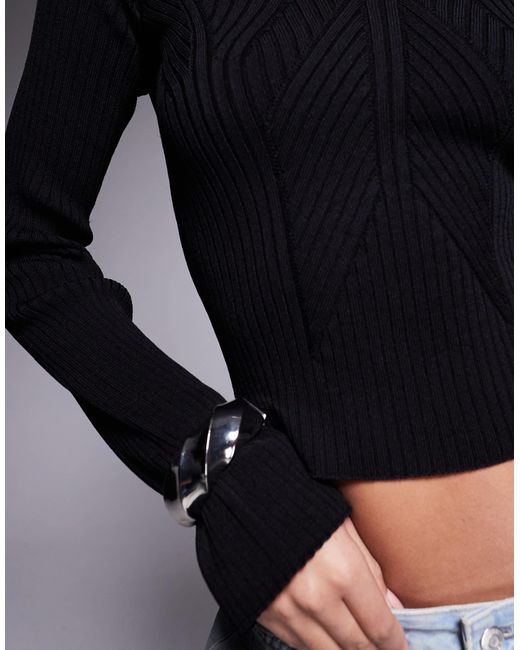 ASOS Gray Structured Bardot Long Sleeve Top With Rib Shaping Detail