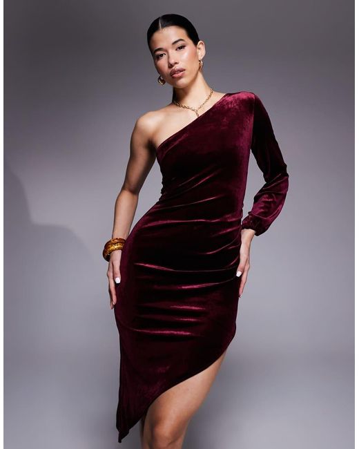Vesper Purple Velvet One Sleeve Asymmetric Midi Dress