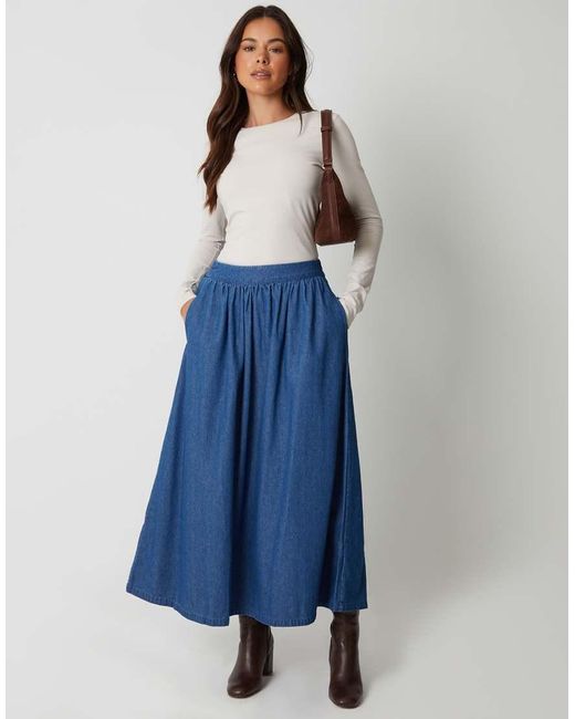 Threadbare Blue Pull On Denim Midaxi Skirt