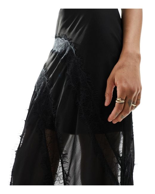 ASOS Black Asos Design Tall Sheer Bias Maxi Skirt With Contrast Lace Inserts