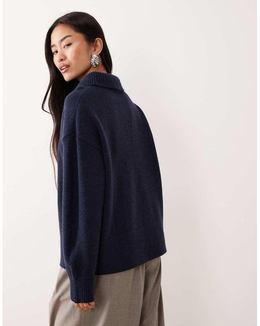 Pretty Lavish Blue Knitted Polo Button Placket Relaxed Jumper