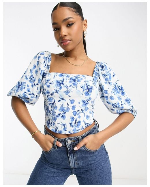 Abercrombie & Fitch Blue Puff Sleeve Corset Top