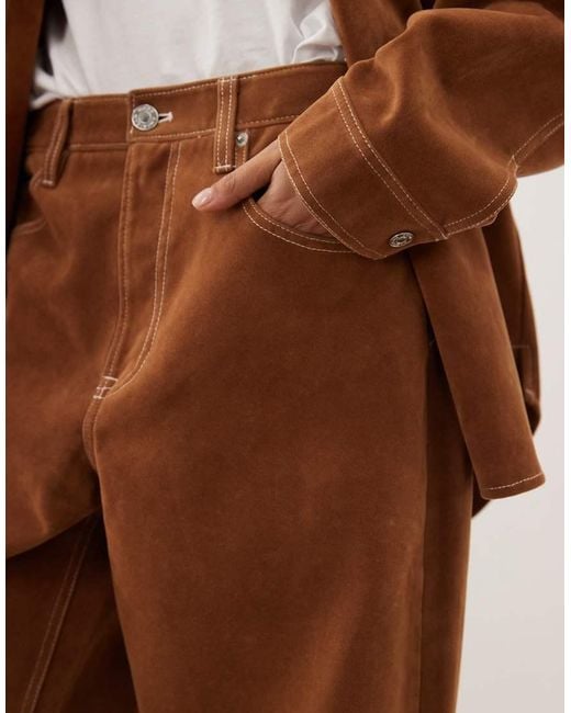 GOOD AMERICAN Brown Faux Suede Vintage Barrel Ankle Length Jeans Co-Ord