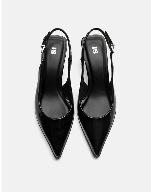 Pull&Bear Black Vinyl Kitten Heel Slingback Shoes