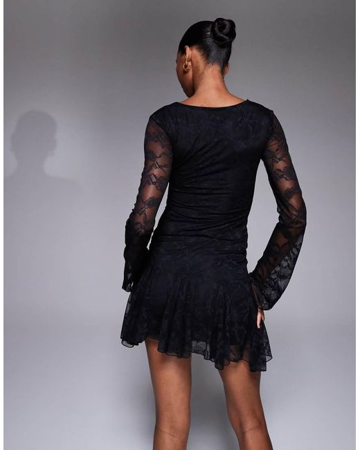 Kaiia Black Exclusive Double Layered Slinky Lace Square Neck Godet Hem Detail Mini Dress