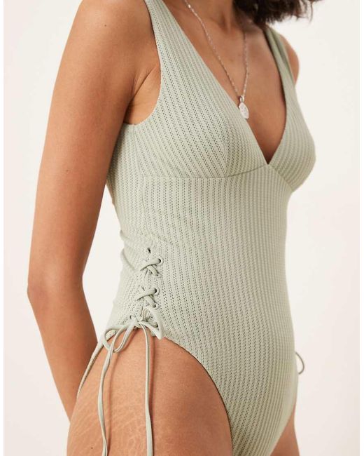 ASOS Natural Kai Textured Tie Side Swimsuit With Pearl Trim