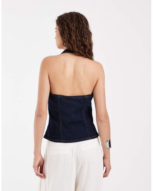 Pieces Blue Halterneck Button Front Denim Top