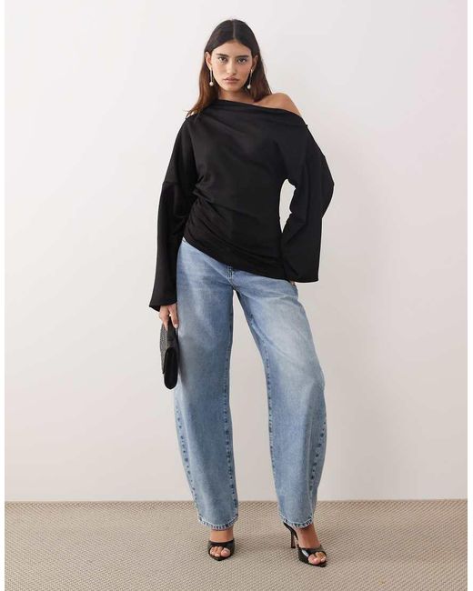 ARRANGE Black Jersey Off The Shoulder Wide Sleeves Top With Ruched Hem