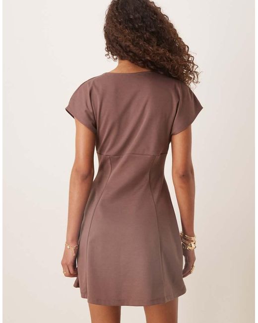 ASOS Natural Short Sleeve Plunge Seam Detail Mini Dress