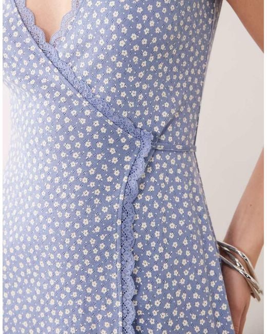Miss Selfridge Blue Ditsy Print Pointelle Lace Trim Wrap Dress
