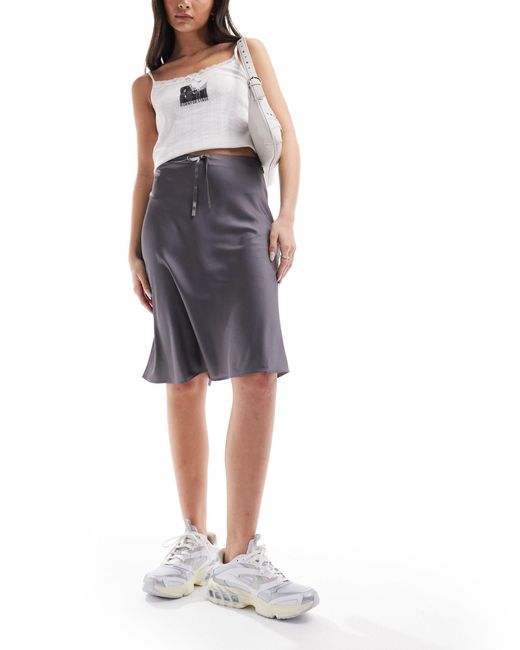 Monki Blue Satin A-line Midi Skirt With Front Bow Detail