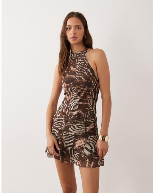 New Look Brown Animal Halter Neck Ruched Mini Dress