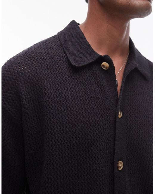 Topman Black Button Through Crochet Shirt for men