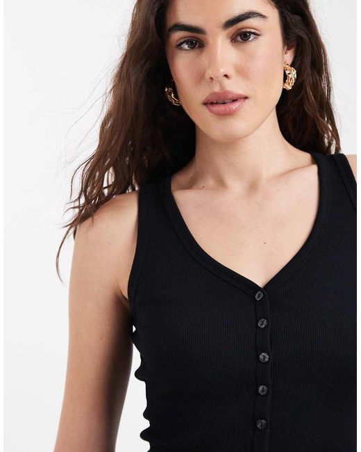 New Look Black V Neck Ribbed Button Through Top