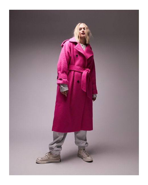 TOPSHOP Super Oversized Geborstelde Trenchcoat in het Pink
